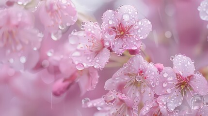 Obraz premium Close-up of raindrops on a blooming cherry blossom tree, with the gentle rain accentuating the delicate beauty of the flowers