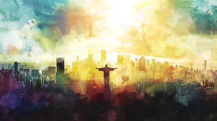 Fototapeta premium Illustration of the resurrection of Christ on a modern city skyline. Watercolor illustration.