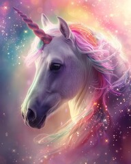 Naklejka premium A majestic white unicorn with a rainbow mane and horn, set against a shimmering cosmic background.