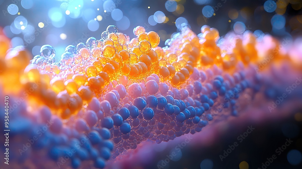 Poster Vibrant abstract image showcasing colorful bubbles and textures, resembling a dynamic microscopic environment with glowing particles.