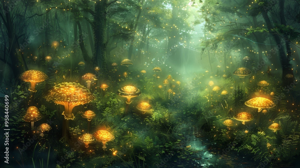 Poster a mystical forest path illuminated by glowing mushrooms. the lush greenery and soft light create an 