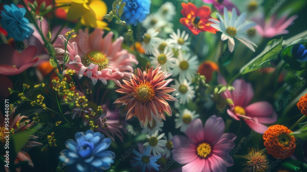 Sticker Close-up view of a cluster of wildflowers featuring intricate patterns and vivid colors