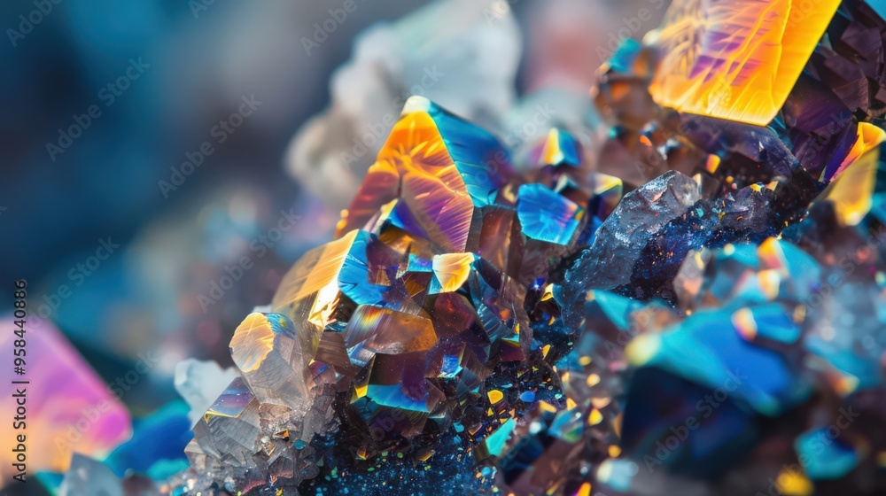 Poster close-up view of a crystal formation, highlighting the intricate geometric patterns and colors found
