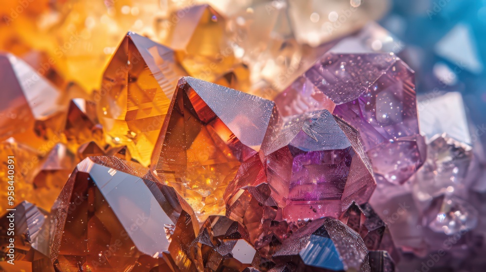 Poster close-up view of a crystal formation, highlighting the intricate geometric patterns and colors found