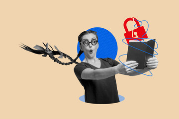 Creative trend collage of funny female read book nerd lock sign in private information weird freak...