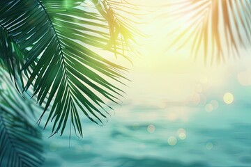 Tropical beach with palm leaves  sun  waves  vintage filter.