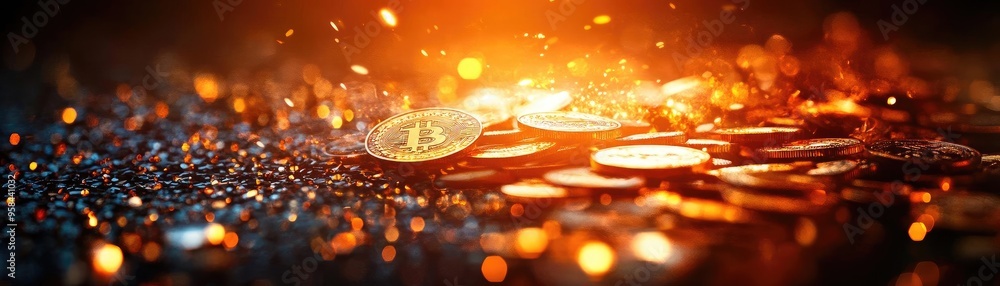 Poster glowing coins scatter across a shimmering surface, creating an enchanting play of light and reflecti