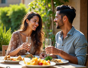 A joyful couple is enjoying an outdoor dinner in a terrace.