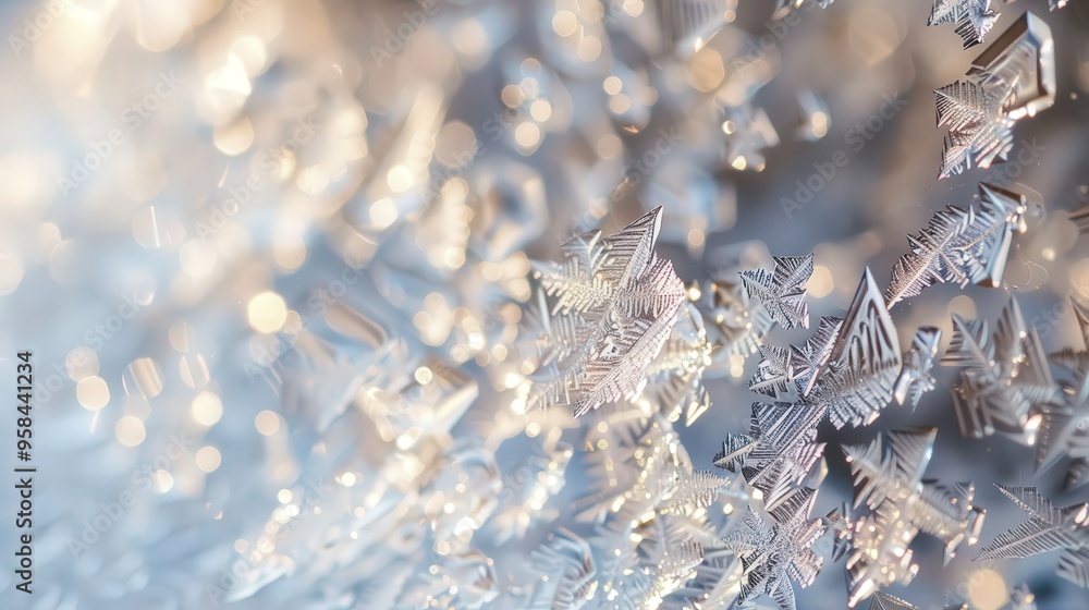 Poster close-up view of a frost formation, showing the delicate ice crystals that form on surfaces during c