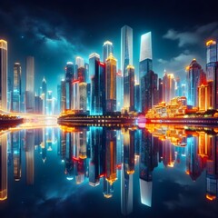 Obraz premium Modern City Skyline at Night with Reflections