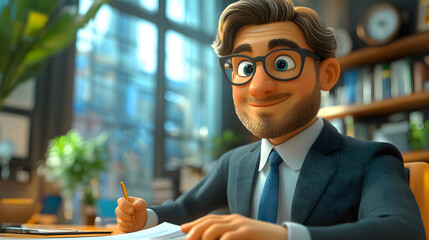 Cartoon 3D rendering of a CEO outlining a business plan with short notice, highlighting key strategic goals in a boardroom setting.