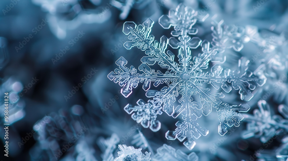 Poster close-up view of a snowflake, showcasing the intricate crystalline structure formed by atmospheric c