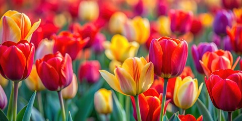 Fototapeta premium Riot of colors with red and yellow tulips, tulips, flowers, vibrant, colorful, garden, spring, bloom, red, yellow, petals