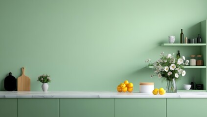 Light Green Kitchen with White Marble Countertop, Green Cabinets, and Shelves Filled with Items