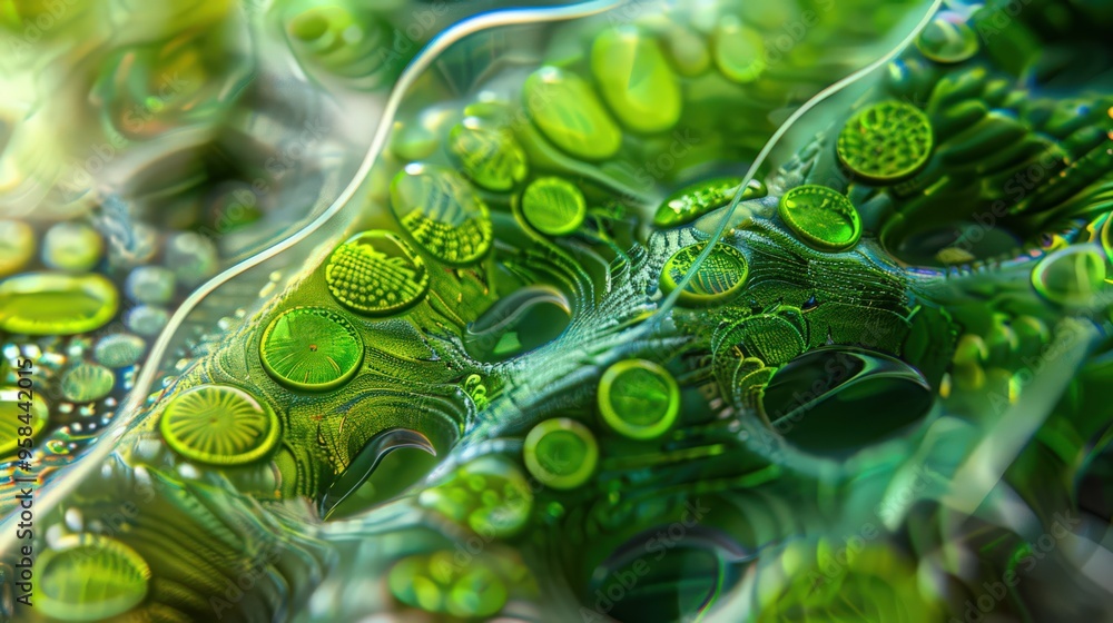 Aufkleber close-up view of algae, highlighting the chloroplasts and cellular structures involved in photosynth