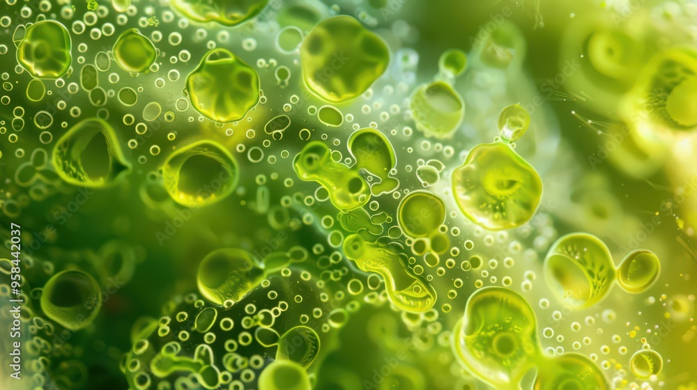 Poster close-up view of algae, highlighting the chloroplasts and cellular structures involved in photosynth