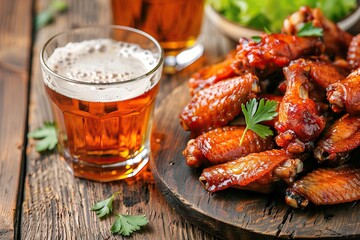 Buffalo style chicken wings served with cold beer on wooden background