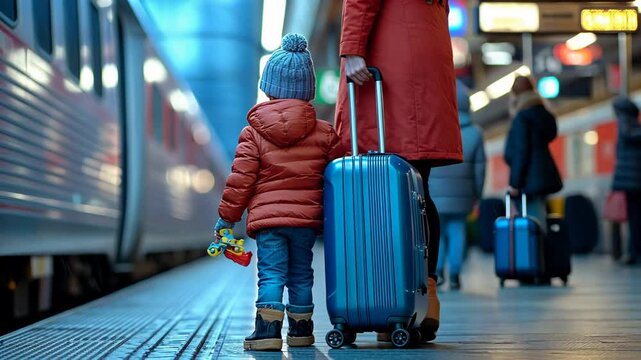 A child and an adult at a train station, preparing for travel with luggage and a toy.