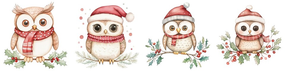 Fototapeta premium Whimsical Christmas owls in festive hats and scarves, perfect for holiday decorations and seasonal designs.