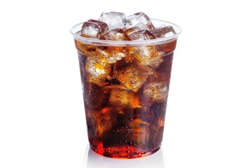 Clear Plastic Cup of Cola with Ice isolated on white with reflection vertical format low angle