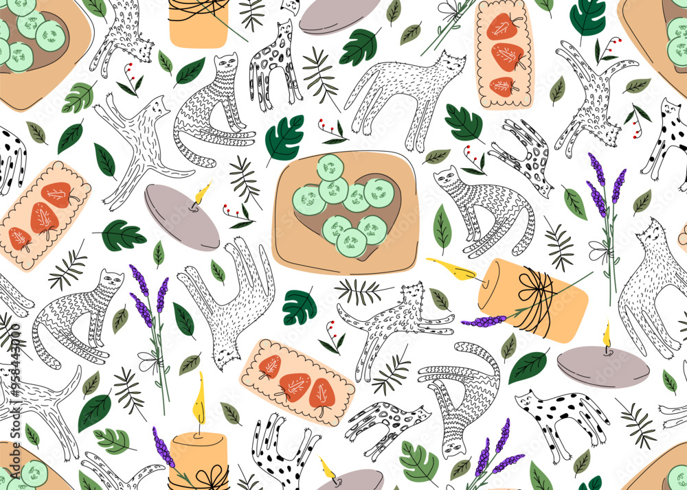 Aufkleber seamless scandinavian pattern with drawn cats, candles and spa elements. vector illustration to crea