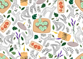 Seamless Scandinavian pattern with drawn cats, candles and spa elements. Vector illustration to create a background for content in the hygge style.