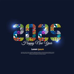 2025 Happ New Year graphic design. Abstract geometric colorful number on blue background