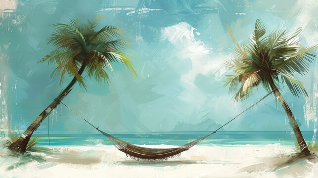 A tranquil beach scene with a hammock swaying between two palm trees under a bright blue sky.