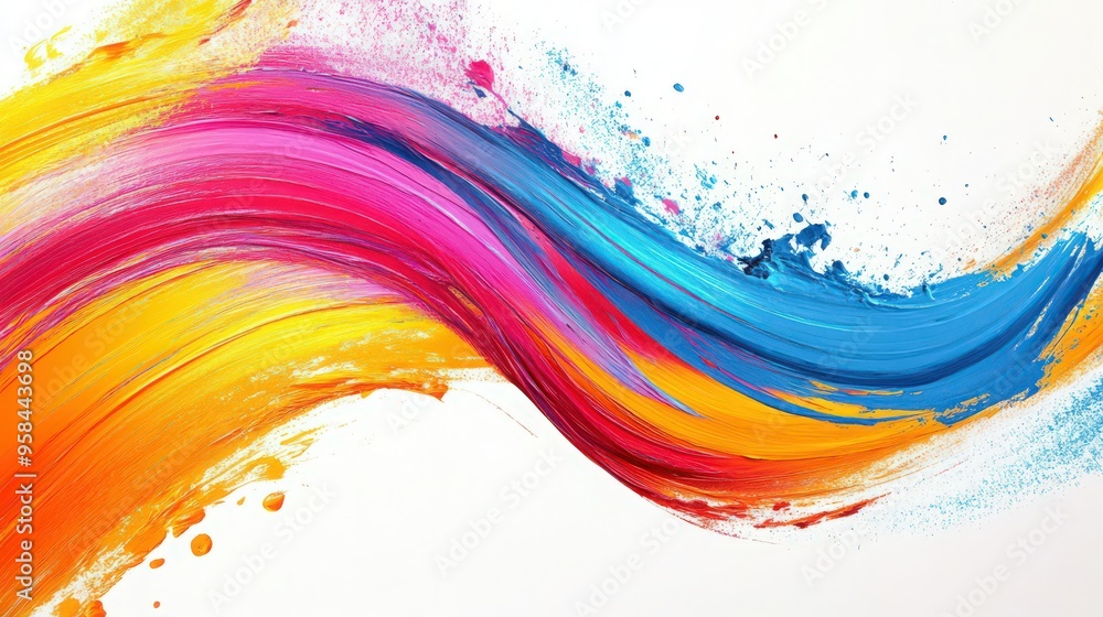 Poster colorful brush strokes swirl into a ribbon wave, blending into an abstract splash background full of