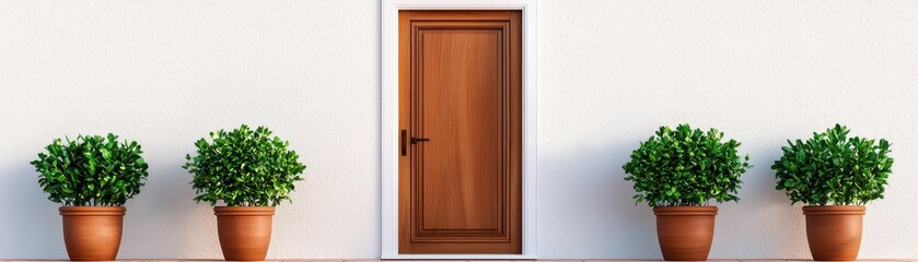A wooden door framed by potted plants, creating a welcoming entrance against a clean white wall.