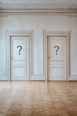 An empty room with 2 closed doors that are labelled with a question mark icon, the concept of making a decision 