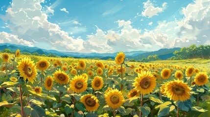 Fototapeta premium A vibrant field of sunflowers basks in the sunlight, with a clear blue sky and fluffy clouds overhead.