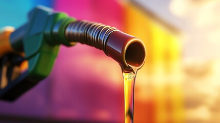 Close-up of fuel nozzle pouring liquid into a colorful background, symbolizing energy and transportation.