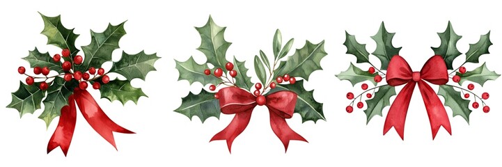 Beautifully arranged holly decorations with red ribbons, perfect for festive holiday designs and seasonal celebrations.