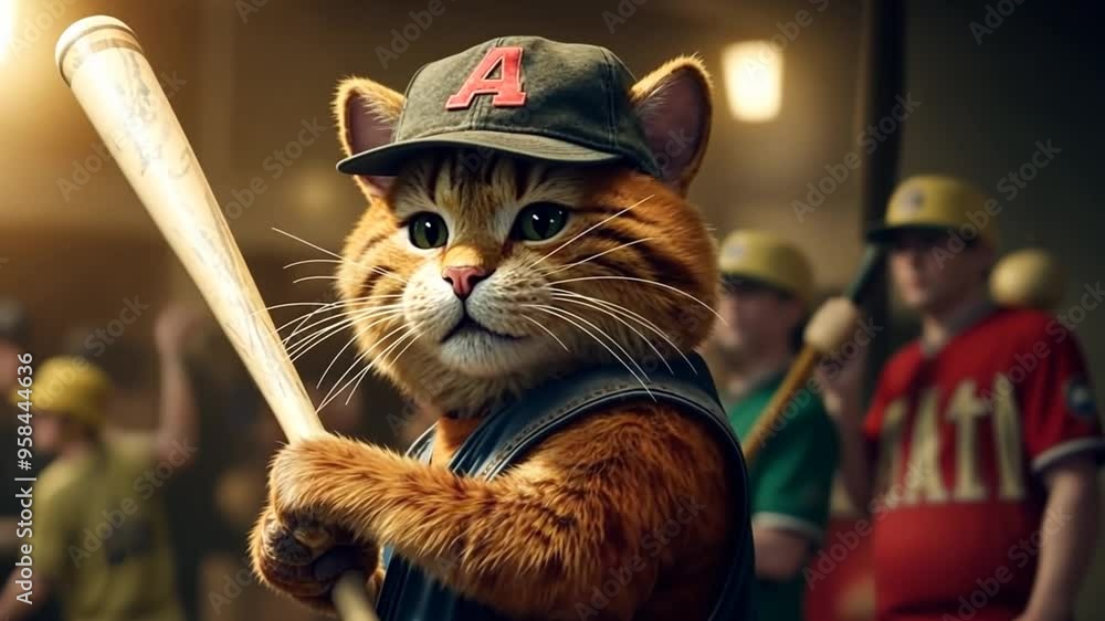 Poster cat dressed in a baseball uniform preparing to bat at a game generative ai