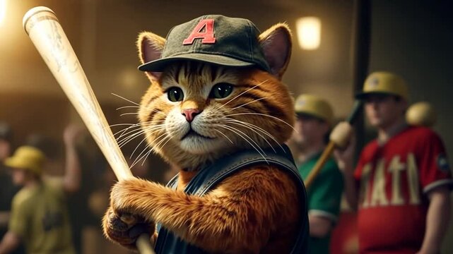 Cat Dressed in a Baseball Uniform Preparing to Bat at a Game Generative AI