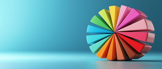 Obraz premium Colorful paper shapes arranged in a circular pattern, creating a vibrant visual effect against a smooth blue background.