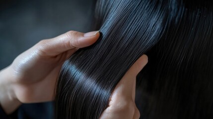 Fototapeta premium A person with sleek, straight hair running their fingers through it