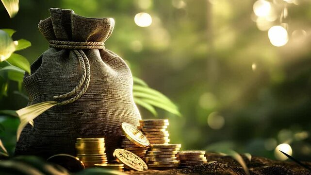 Money bag and gold coins, Cash money, Budget, Investment profit, Money fund, Income or value assets	
