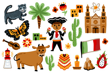 Set of Latin American elements. Symbols of Mexico. Nature, animals, characters, objects. For maps and children's designs. Travel landmarks illustrations. Cartoon style. Childish artwork