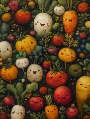 Obraz premium A whimsical illustration of smiling vegetables in a vibrant, colorful garden.