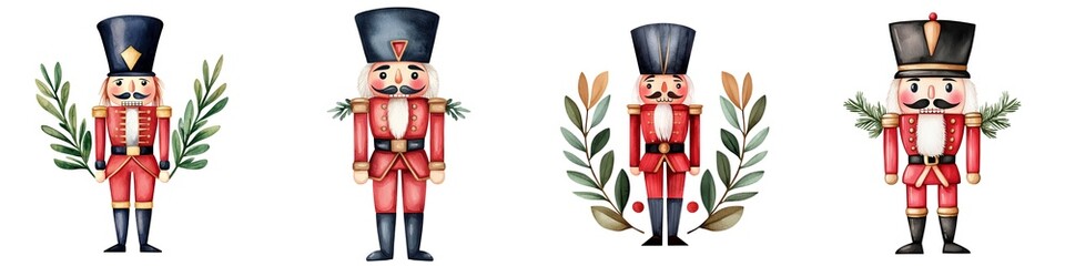Colorful collection of nutcracker figures adorned with festive elements, ideal for holiday decorations and seasonal themes.
