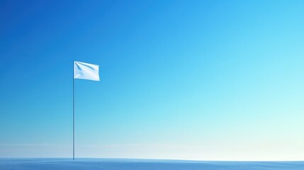 Minimalist golf flag waving against a clear blue sky on a sunny day, symbolizing peace and tranquility in a serene landscape.