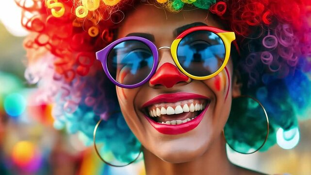 Portrait of happy young drag queen celebrating pride in rainbow afro clown wig and colorful makeup celebrating LGBTQ+ at pride parade	