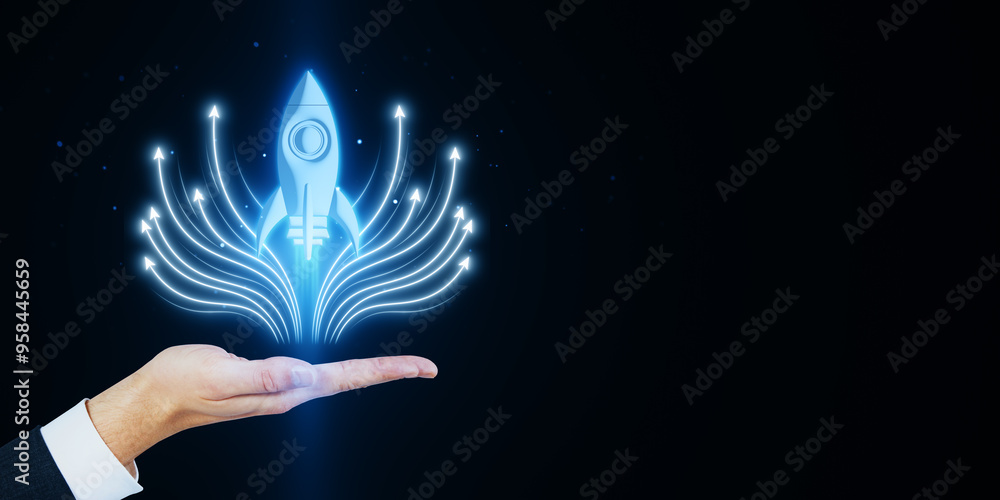 Poster close up of man hand holding creative glowing rocket spaceship and arrows hologram on dark blue back