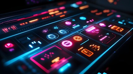 Vibrant Digital Control Panel with Futuristic Interface and Neon Lighting Effects