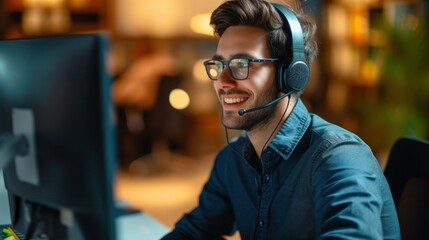 A man with headphones and glasses sits in front of a computer