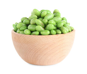 Raw green edamame soybeans in bowl isolated on white