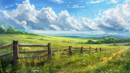 Fototapeta premium A wooden fence stretches across a field of tall grass, with rolling hills and fluffy white clouds in the background.