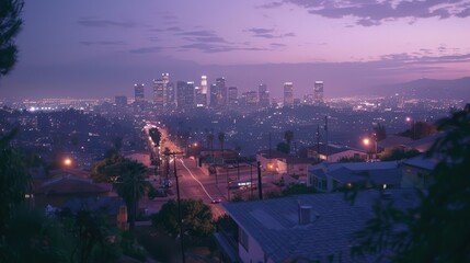 Present the Los Angeles skyline at twilight,